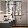 Modern Bathroom Interior Design Featuring Marble Walls Glass Shower Double Sink and Large Windows