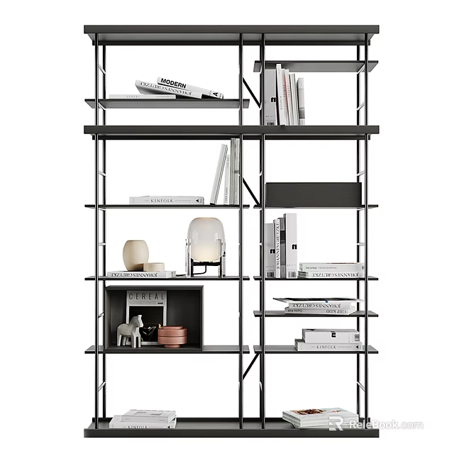 Modern Black Metal Frame Bookcase With Multi Tiered Shelves And Decorative Items 3d model 
