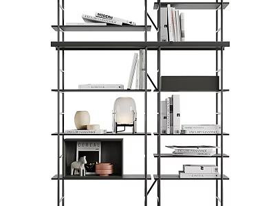 Modern Black Metal Frame Bookcase With Multi Tiered Shelves And Decorative Items 3d model