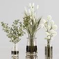 Transparent Glass Vases With White Flowers Green Leaves And Wheat Ears On Light Gray Background