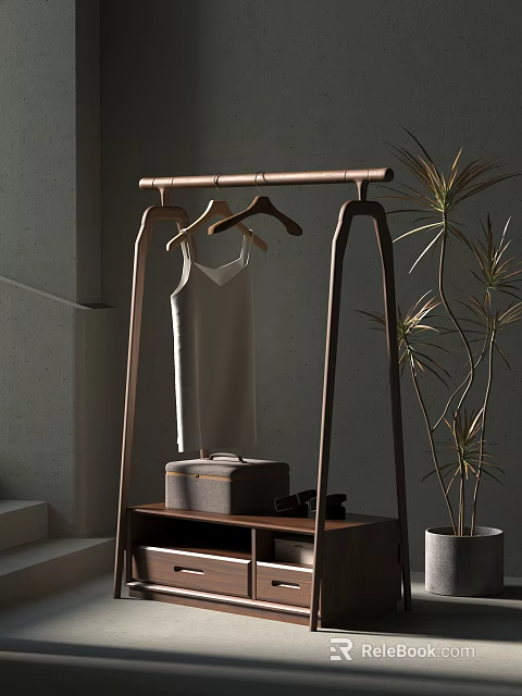 Modern Wooden Clothes Rack With White Tank Top Hangers Gray Bag Sunglasses And Green Plant 3d model 