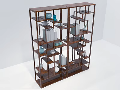 Traditional Wooden Multi Tiered Display Shelf With Books Vases And Decorative Items 3d model