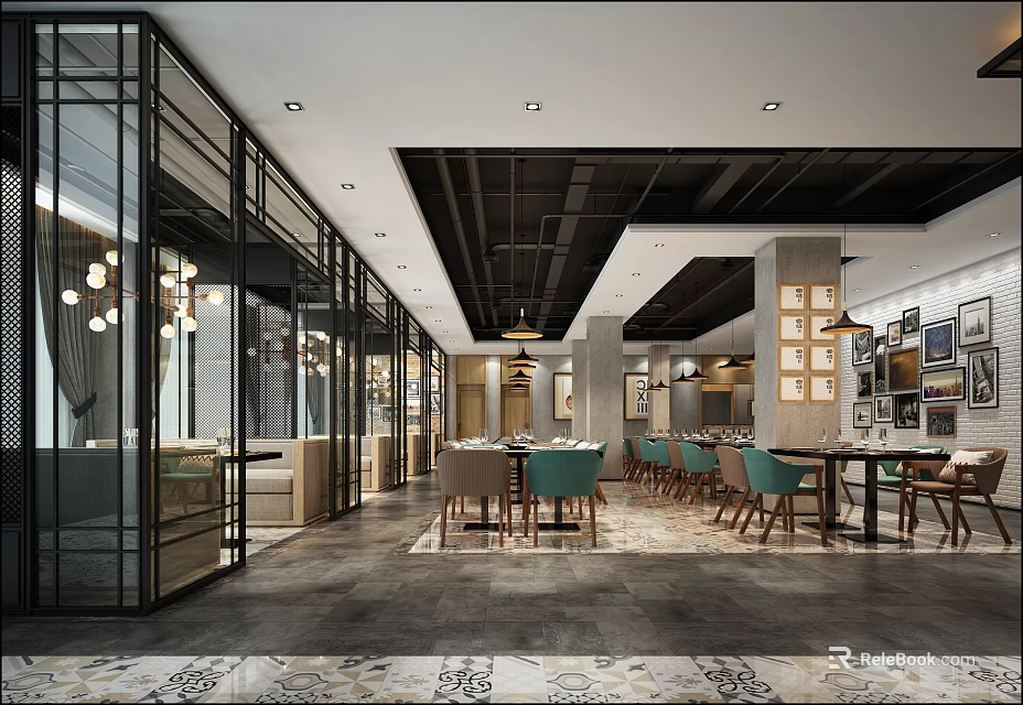 Modern Restaurant Interior Design With Glass Partitions Black Frames Pendant Lights And Dining Seats 3d model 