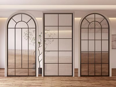 Modern Interior Partition Design with Arched Metal Frames Glass Grids and Decorative Plants 3d model