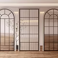 Modern Interior Partition Design with Arched Metal Frames Glass Grids and Decorative Plants