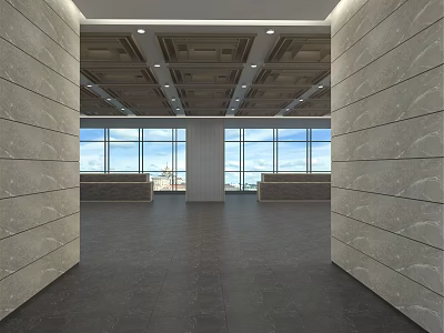 Spacious Modern Reception Desk Area Featuring Marble Walls Large Windows Ceiling Lights And Dark Flooring 3d model