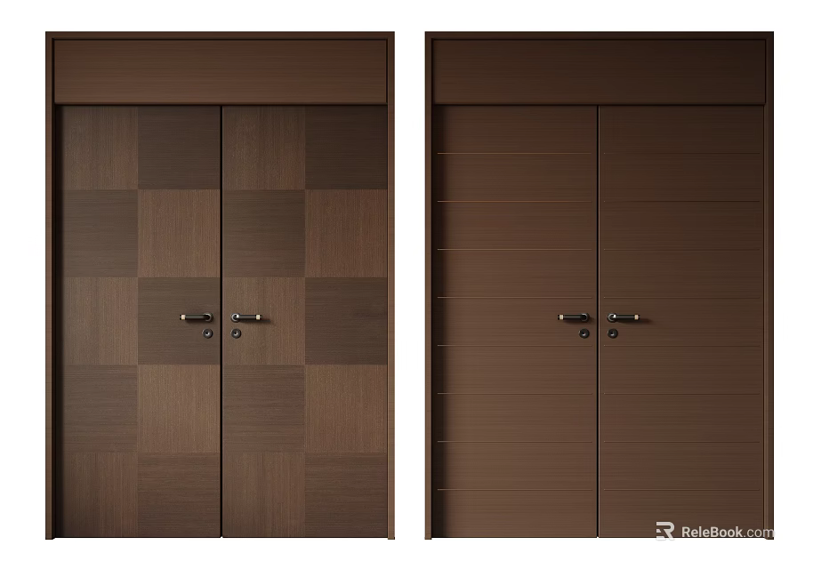 Stylish Wooden Double Doors With Checkerboard Pattern And Vertical Striped Design 3d model 