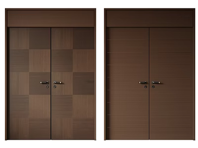 Stylish Wooden Double Doors With Checkerboard Pattern And Vertical Striped Design 3d model