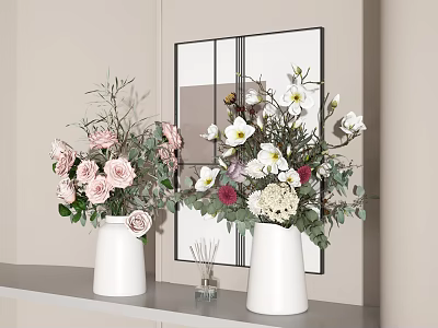 Two White Vases With Fresh Flowers Pink Roses White Blooms On Shelf Against Beige Wall 3d model