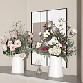 Two White Vases With Fresh Flowers Pink Roses White Blooms On Shelf Against Beige Wall