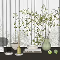 Natural Elements Decorative Ornament Set With Green Vase Twigs Books And Glass Cloche On Tabletop