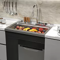 Contemporary Kitchen Featuring Stainless Steel Sink With Fresh Fruits On Marble Countertop And Coffee Machine