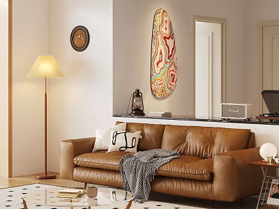 Modern Brown Leather Sofa and Coffee Table Set With Pillows Throw Blanket and Decorative Painting 3d model