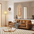 Modern Brown Leather Sofa and Coffee Table Set With Pillows Throw Blanket and Decorative Painting