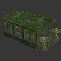 Moss Covered Stone Pavilion Structure With Columns Sloped Roof And Platform