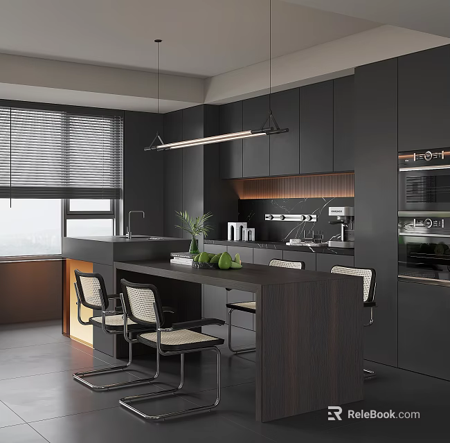 Modern Restaurant Kitchen With Open Design Black Cabinets Island Pendant Lights And Chairs 3d model 