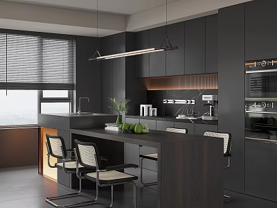 Modern Restaurant Kitchen With Open Design Black Cabinets Island Pendant Lights And Chairs 3d model