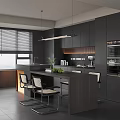 Modern Restaurant Kitchen With Open Design Black Cabinets Island Pendant Lights And Chairs