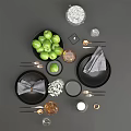 Stylish Black Dinnerware Set With Gray Napkins Green Apples Wine Glasses And Candle
