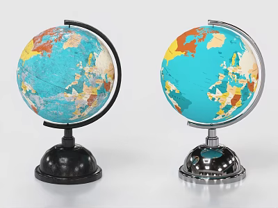 Decorative Ornament Set with Two Globes Different Bases Colorful World Maps Blue Oceans 3d model