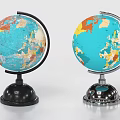 Decorative Ornament Set with Two Globes Different Bases Colorful World Maps Blue Oceans