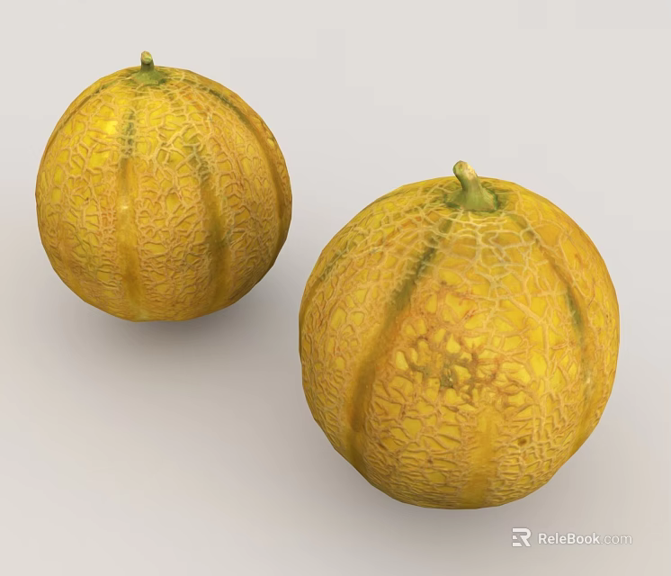 Two fresh ripe yellow cantaloupe melons with netted rind and green stems 3d model 