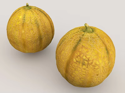 Two fresh ripe yellow cantaloupe melons with netted rind and green stems 3d model