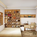 Tatami Bedroom With Wooden Furniture Bookshelves Desk And Herringbone Floor