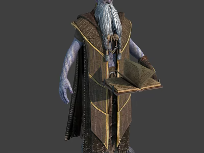 Mystical Blue Skinned Robed Character With Long Beard Holding Open Book 3d model
