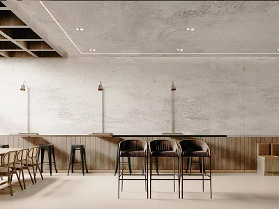 Minimalist Modern Café Interior With Wooden Lattice Ceiling Light Textured Walls Pendant Lights Bar Stools 3d model