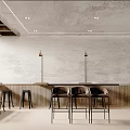 Minimalist Modern Café Interior With Wooden Lattice Ceiling Light Textured Walls Pendant Lights Bar Stools