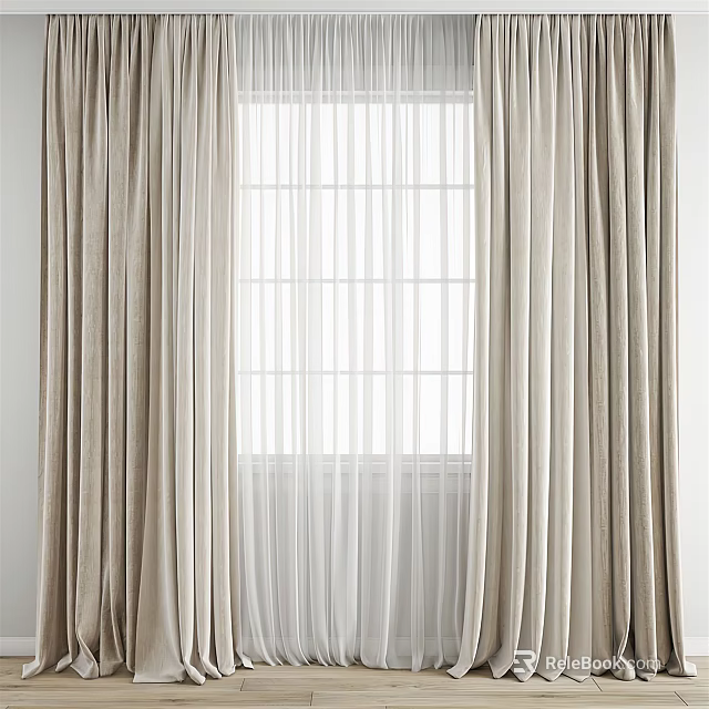 Beige Layered Curtains With Sheer Panels For Modern Home Window Design 3d model 