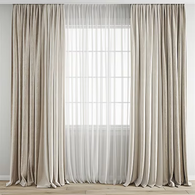 Beige Layered Curtains With Sheer Panels For Modern Home Window Design 3d model