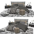 Modern Double Bed with Gray Bedding Soft Blankets Pillows and Bedside Tables 3d model
