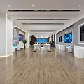 Smart Life Exhibition Hall With White Display Tables Smart Devices Screens And Green Plants