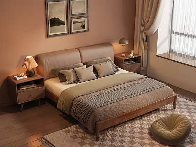 Cozy Bedroom Interior With Wooden Bed Framed Paintings Bedside Lamps And Window Curtains 3d model