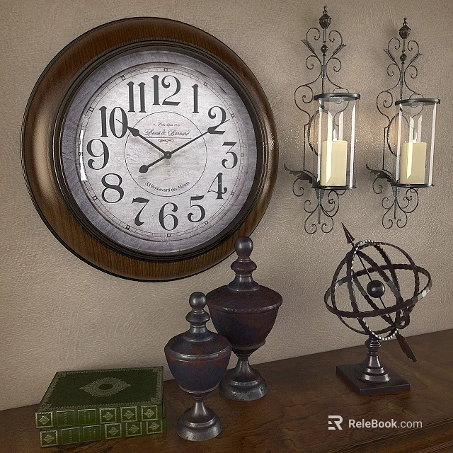 Vintage Wall Clock With Candle Sconces Decorative Vases Globe And Book On Table 3d model 