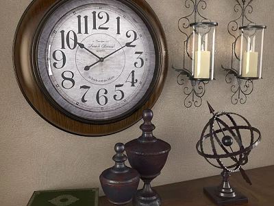 Vintage Wall Clock With Candle Sconces Decorative Vases Globe And Book On Table 3d model