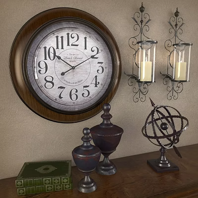 Vintage Wall Clock With Candle Sconces Decorative Vases Globe And Book On Table 3d model