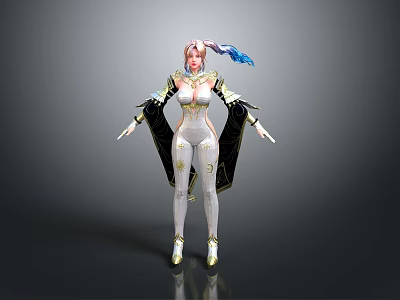 Female Character With White Outfit Golden Details Pink Blue Hair And Black Cape 3d model
