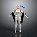 Female Character With White Outfit Golden Details Pink Blue Hair And Black Cape
