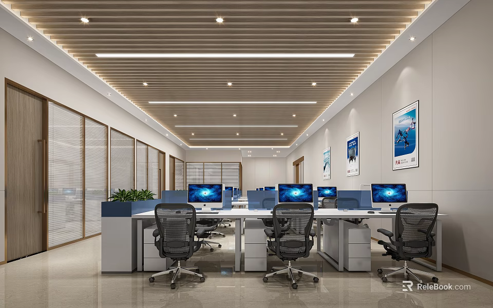 Modern Public Office Space With Ergonomic Desks Computers Green Plants Bright Lighting And Wall Paintings 3d model 