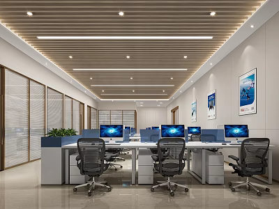 Modern Public Office Space With Ergonomic Desks Computers Green Plants Bright Lighting And Wall Paintings 3d model