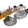 Stylish Household Items On Trays With Wine Glasses Fruits Bread And Decorative Plants