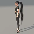 Woman With Ponytail Wearing Black Short Sleeve Crop Top Skinny Jeans Gloves And Heels