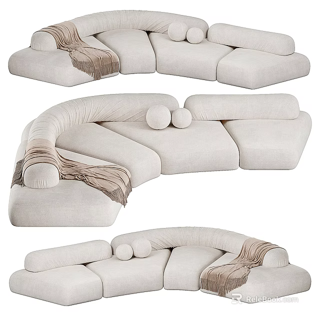 Modern Beige Sectional Sofa With Curved Design Soft Pillows And Throw Blanket 3d model 