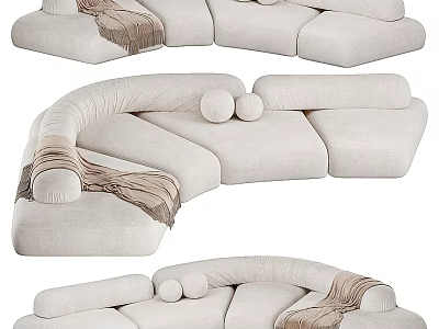 Modern Beige Sectional Sofa With Curved Design Soft Pillows And Throw Blanket 3d model
