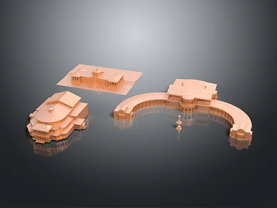 Copper Architectural Models with Various Shapes Multi story Building Curved Structure Square Base on Reflective Background 3d model