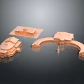 Copper Architectural Models with Various Shapes Multi story Building Curved Structure Square Base on Reflective Background