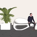 Modern White Sculptural Public Chair With Large Green Plant And Hexagonal Tiled Floor